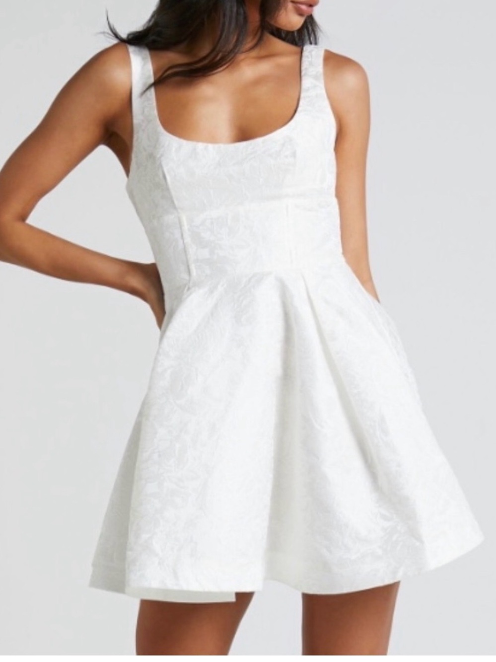 Showpo White Jacquard Square-Neck Fit & Flare Mini Dress